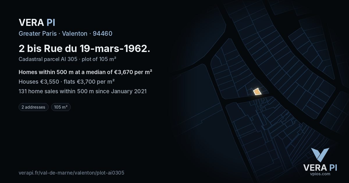 2 bis Rue du 19-mars-1962, Valenton at night – the plot lit, the parcels around coloured by the prices near them