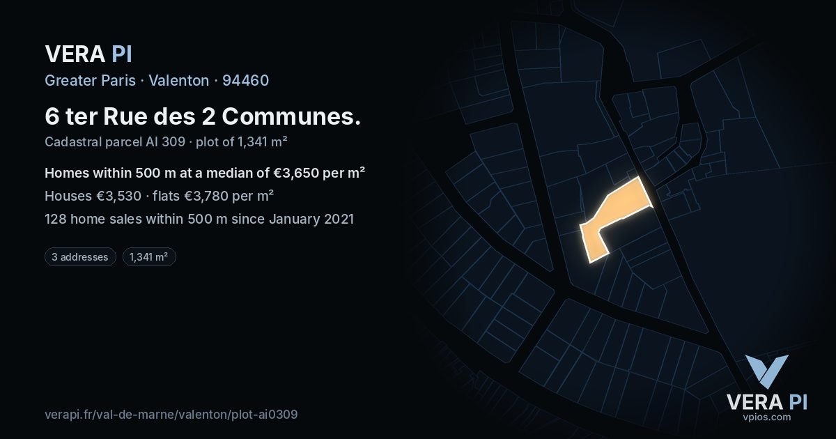 6 ter Rue des 2 Communes, Valenton at night – the plot lit, the parcels around coloured by the prices near them