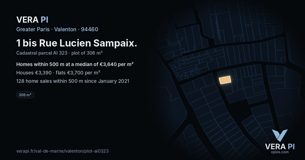 1 bis Rue Lucien Sampaix, Valenton at night – the plot lit, the parcels around coloured by the prices near them