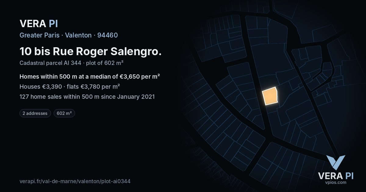 10 bis Rue Roger Salengro, Valenton at night – the plot lit, the parcels around coloured by the prices near them