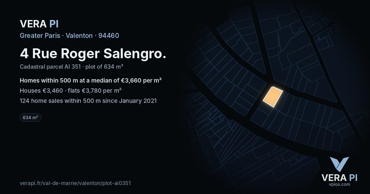 4 Rue Roger Salengro, Valenton at night – the plot lit, the parcels around coloured by the prices near them