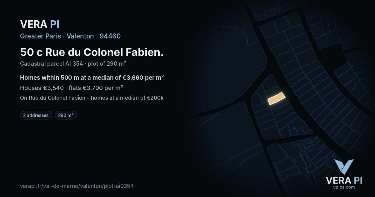 50 c Rue du Colonel Fabien, Valenton at night – the plot lit, the parcels around coloured by the prices near them