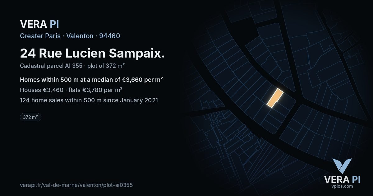 24 Rue Lucien Sampaix, Valenton at night – the plot lit, the parcels around coloured by the prices near them
