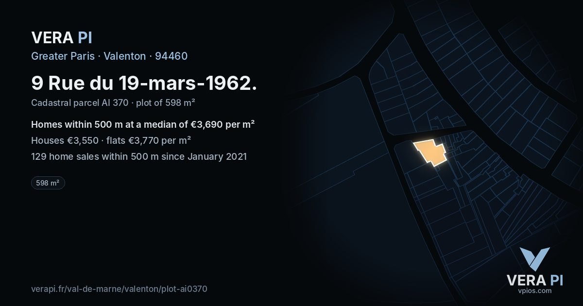 9 Rue du 19-mars-1962, Valenton at night – the plot lit, the parcels around coloured by the prices near them