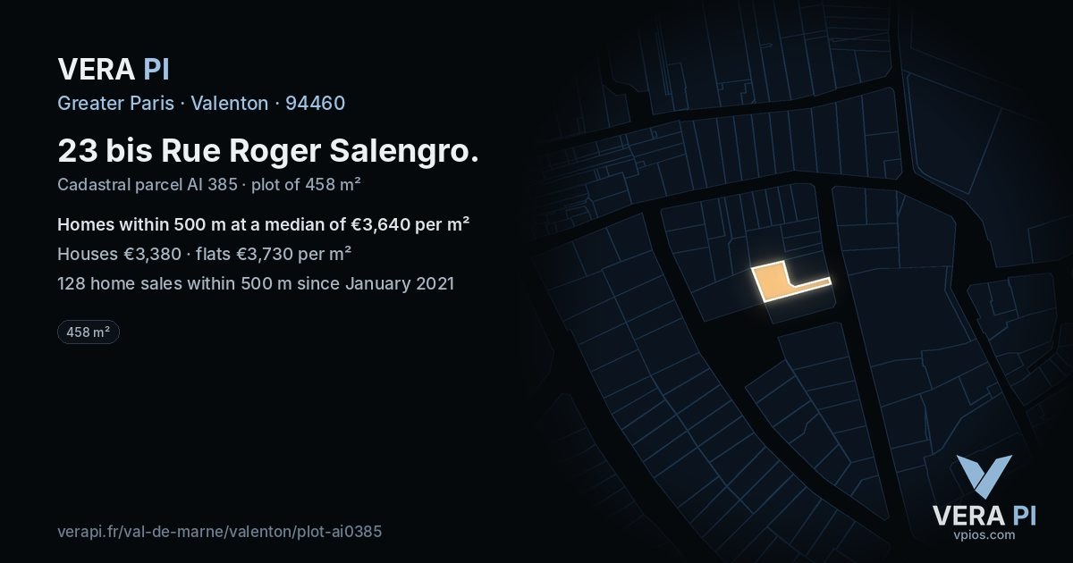 23 bis Rue Roger Salengro, Valenton at night – the plot lit, the parcels around coloured by the prices near them