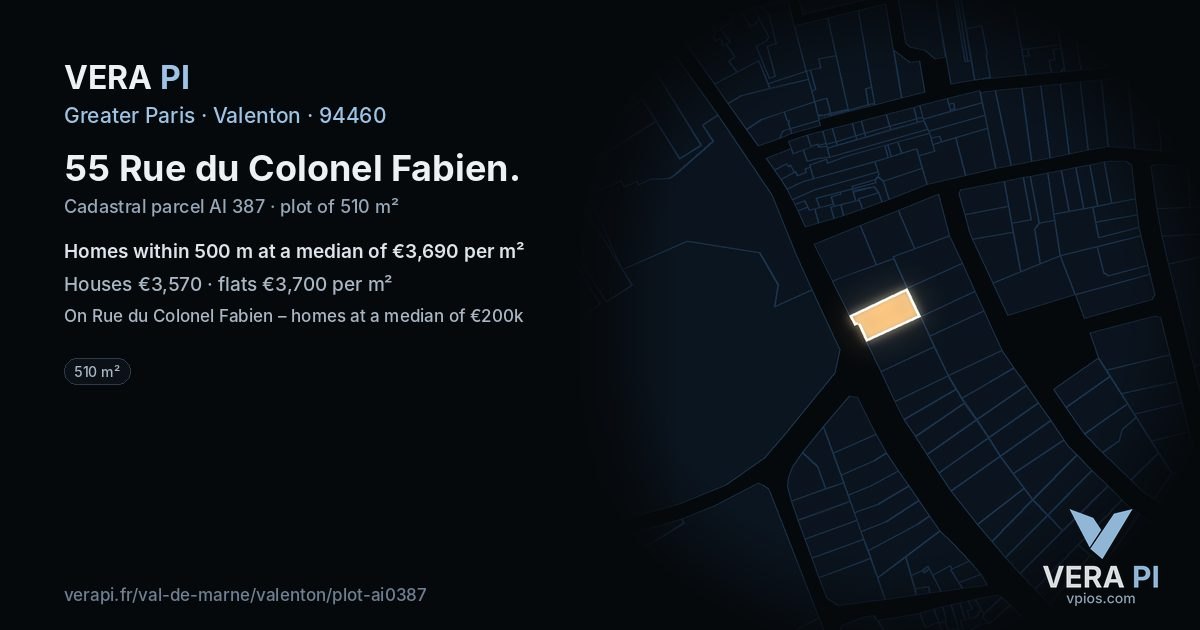 55 Rue du Colonel Fabien, Valenton at night – the plot lit, the parcels around coloured by the prices near them