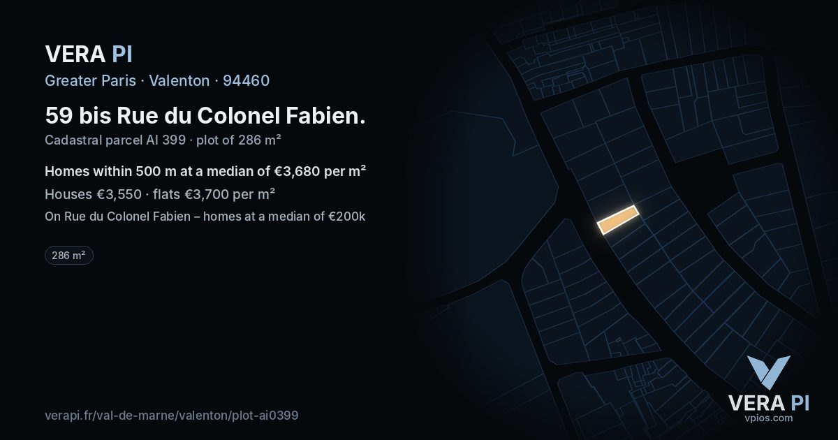 59 bis Rue du Colonel Fabien, Valenton at night – the plot lit, the parcels around coloured by the prices near them