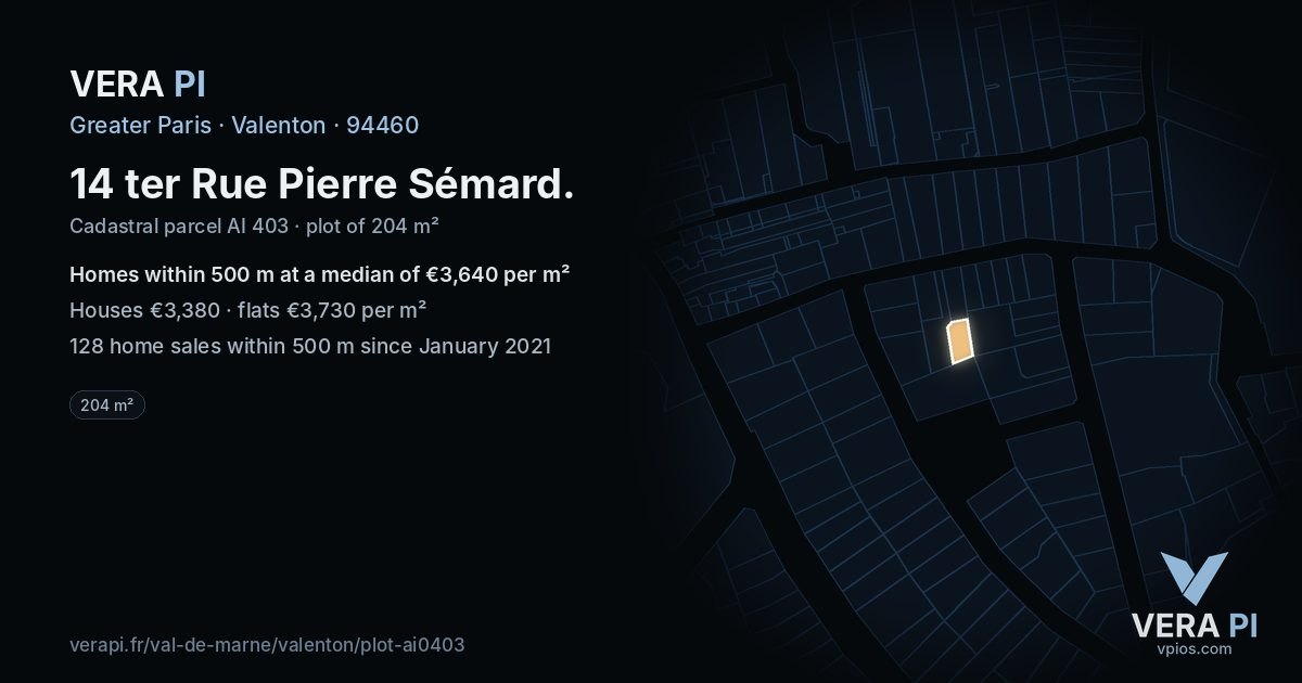 14 ter Rue Pierre Sémard, Valenton at night – the plot lit, the parcels around coloured by the prices near them