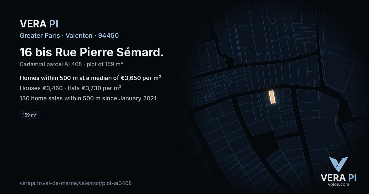 16 bis Rue Pierre Sémard, Valenton at night – the plot lit, the parcels around coloured by the prices near them
