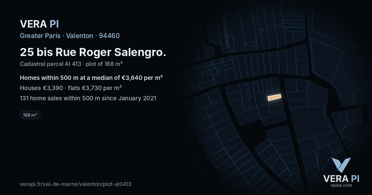 25 bis Rue Roger Salengro, Valenton at night – the plot lit, the parcels around coloured by the prices near them