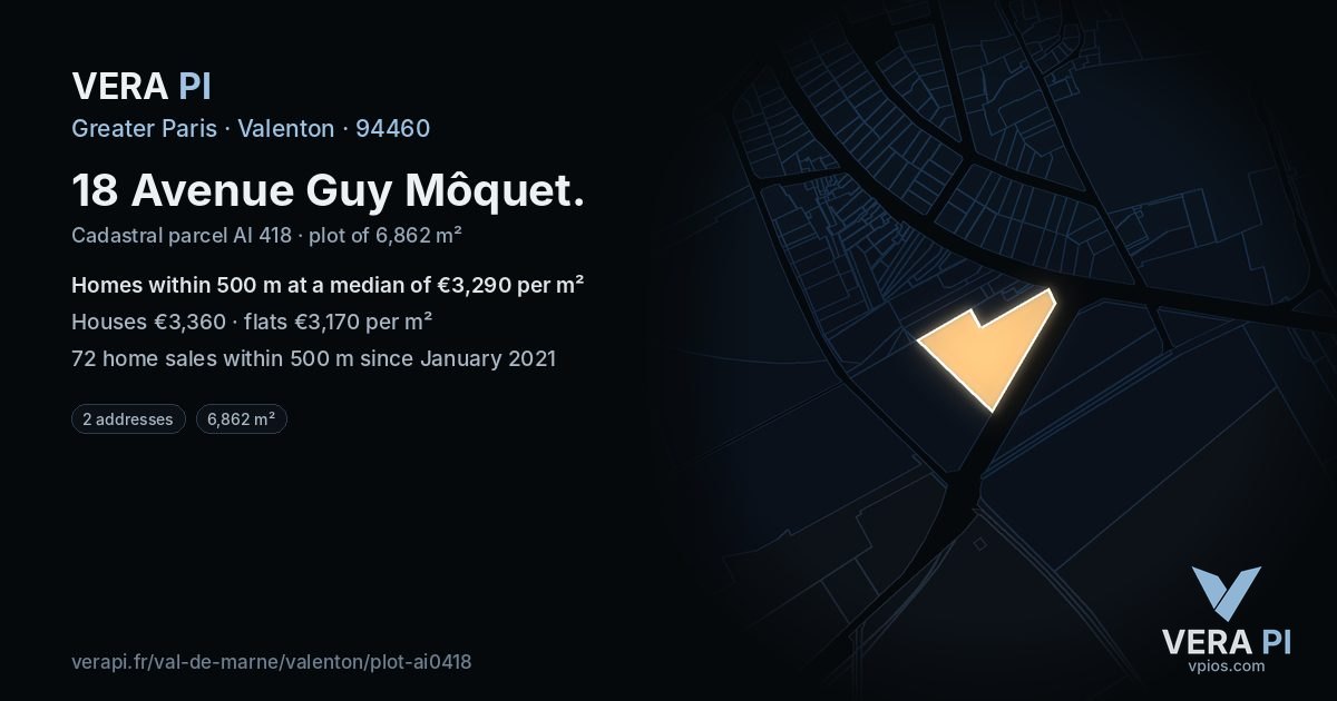 18 Avenue Guy Môquet, Valenton at night – the plot lit, the parcels around coloured by the prices near them