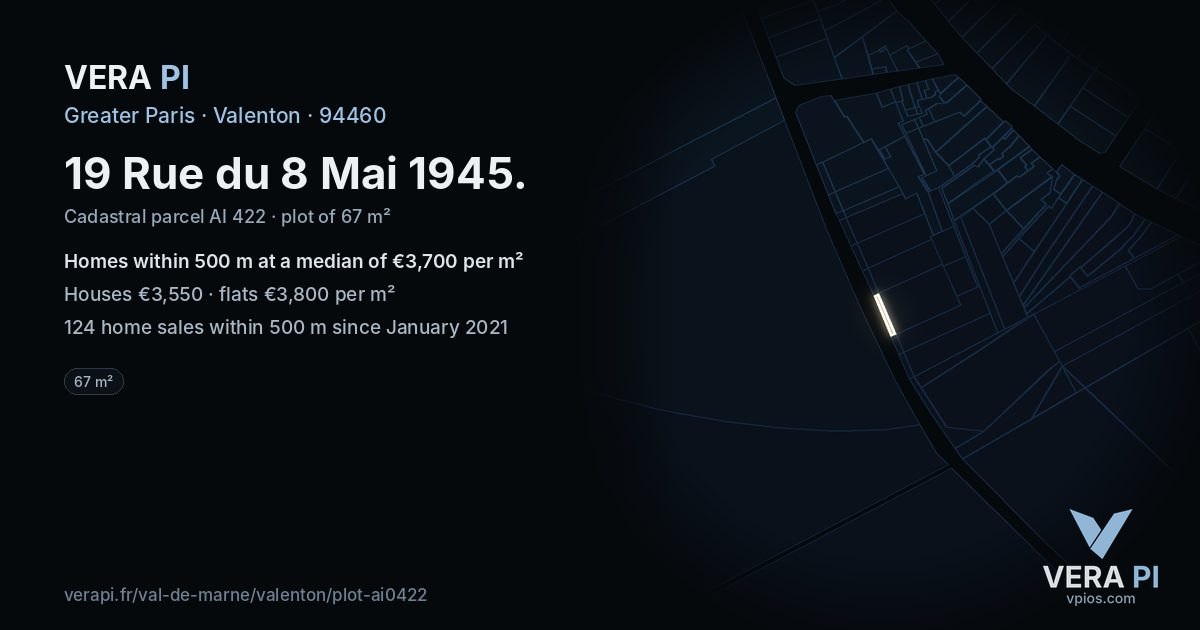 19 Rue du 8 Mai 1945, Valenton at night – the plot lit, the parcels around coloured by the prices near them
