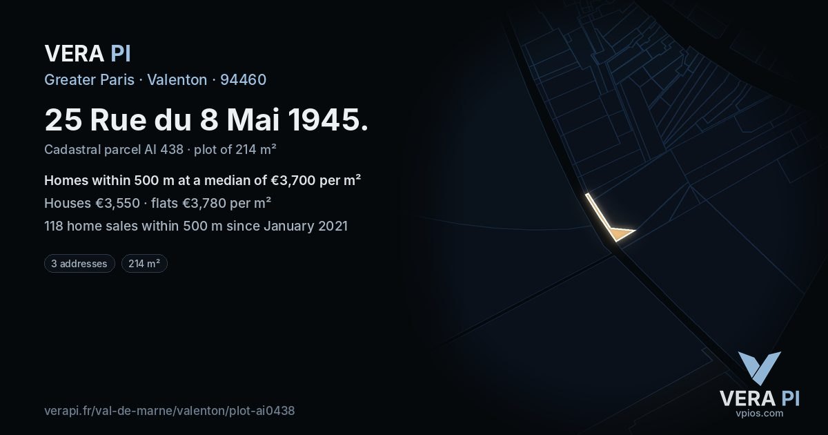 25 Rue du 8 Mai 1945, Valenton at night – the plot lit, the parcels around coloured by the prices near them