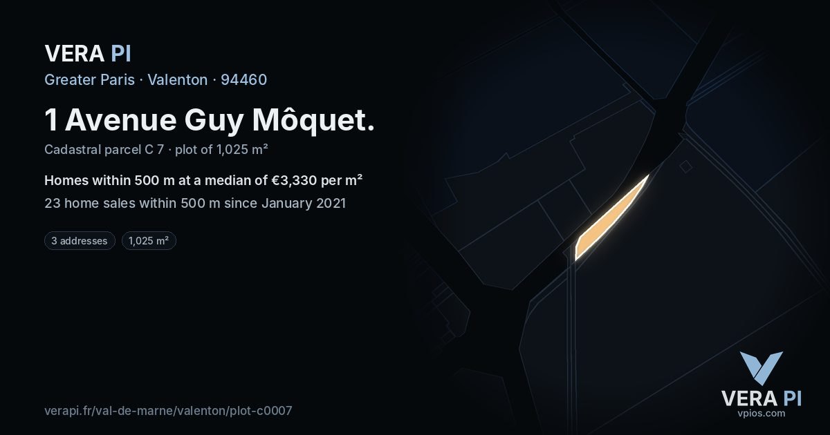 1 Avenue Guy Môquet, Valenton at night – the plot lit, the parcels around coloured by the prices near them