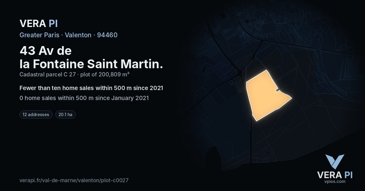 43 Av de la Fontaine Saint Martin, Valenton at night – the plot lit, the parcels around coloured by the prices near them