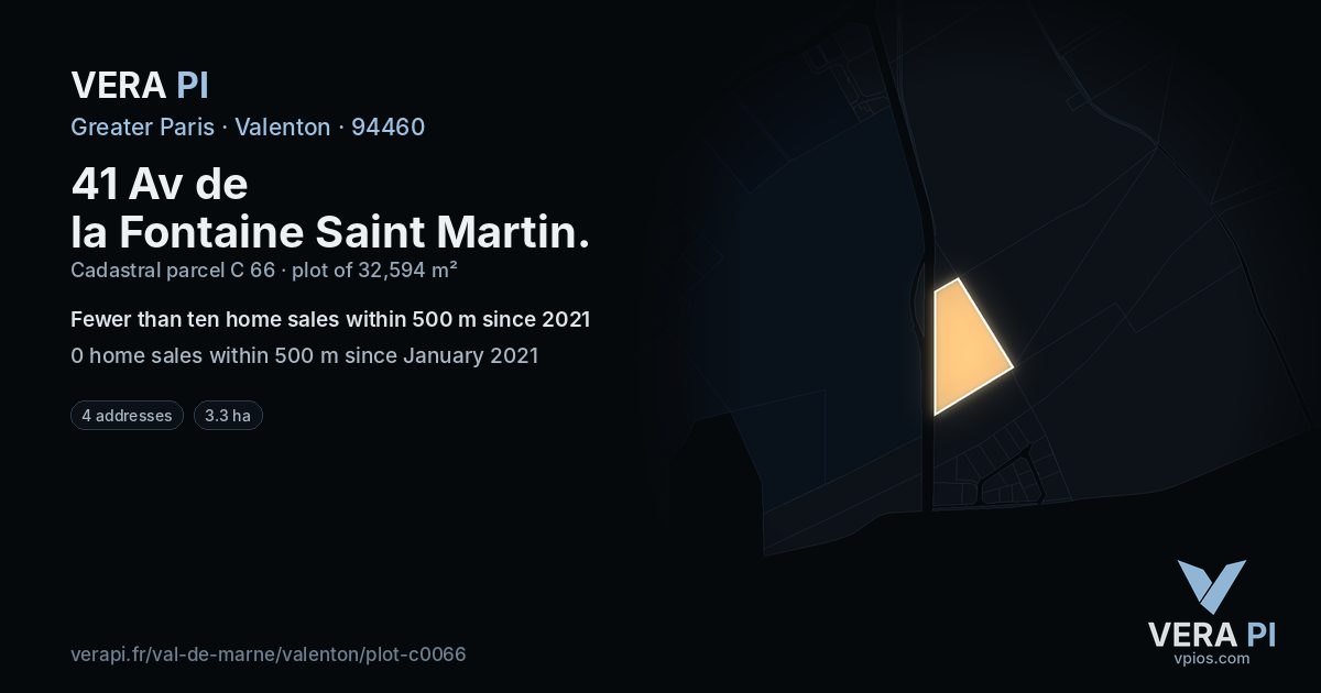 41 Av de la Fontaine Saint Martin, Valenton at night – the plot lit, the parcels around coloured by the prices near them