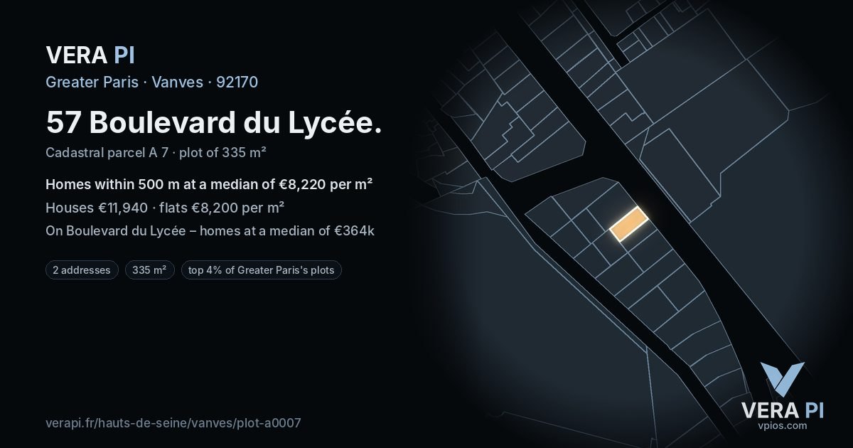 57 Boulevard du Lycée, Vanves at night – the plot lit, the parcels around coloured by the prices near them