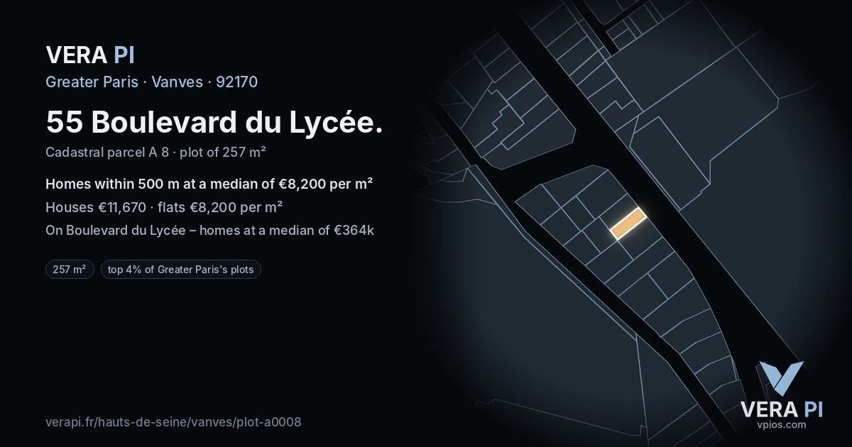 55 Boulevard du Lycée, Vanves at night – the plot lit, the parcels around coloured by the prices near them