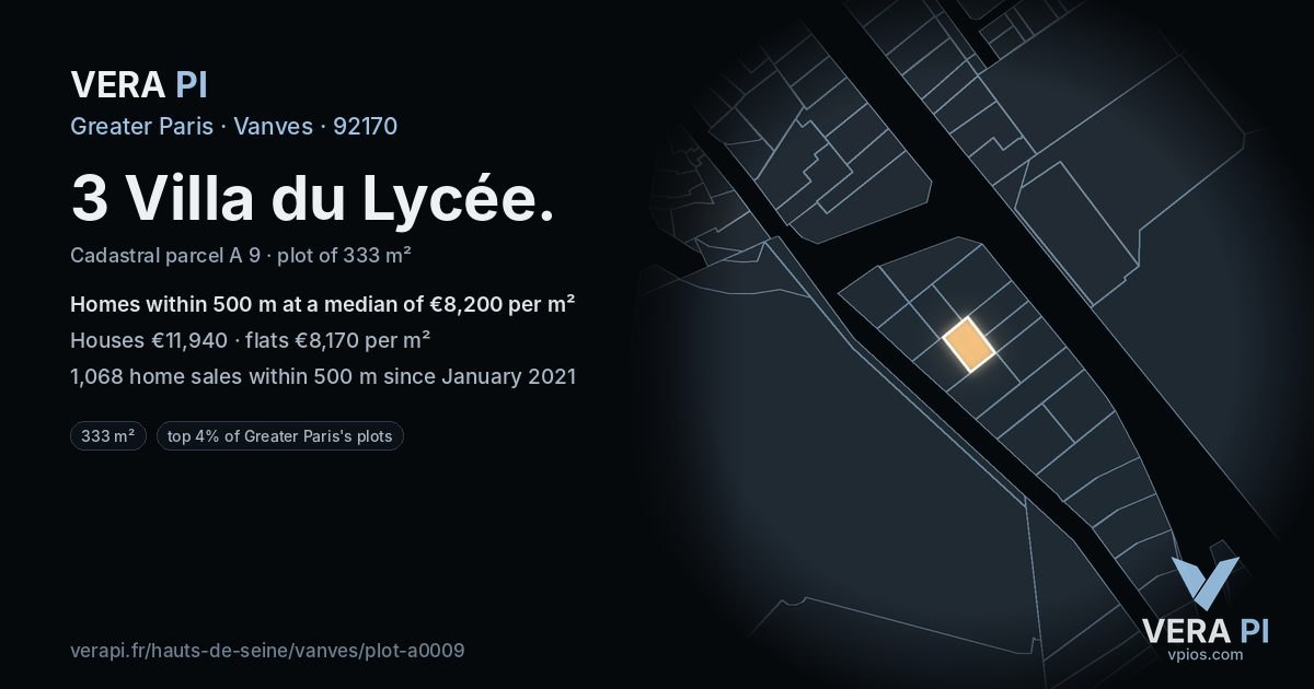 3 Villa du Lycée, Vanves at night – the plot lit, the parcels around coloured by the prices near them