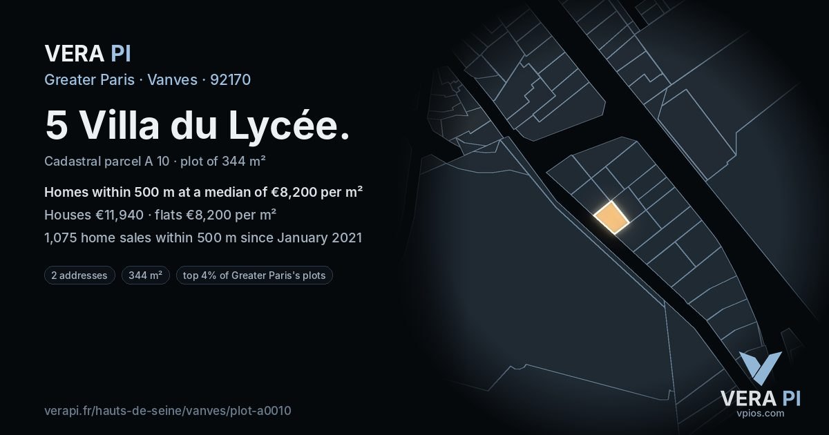 5 Villa du Lycée, Vanves at night – the plot lit, the parcels around coloured by the prices near them