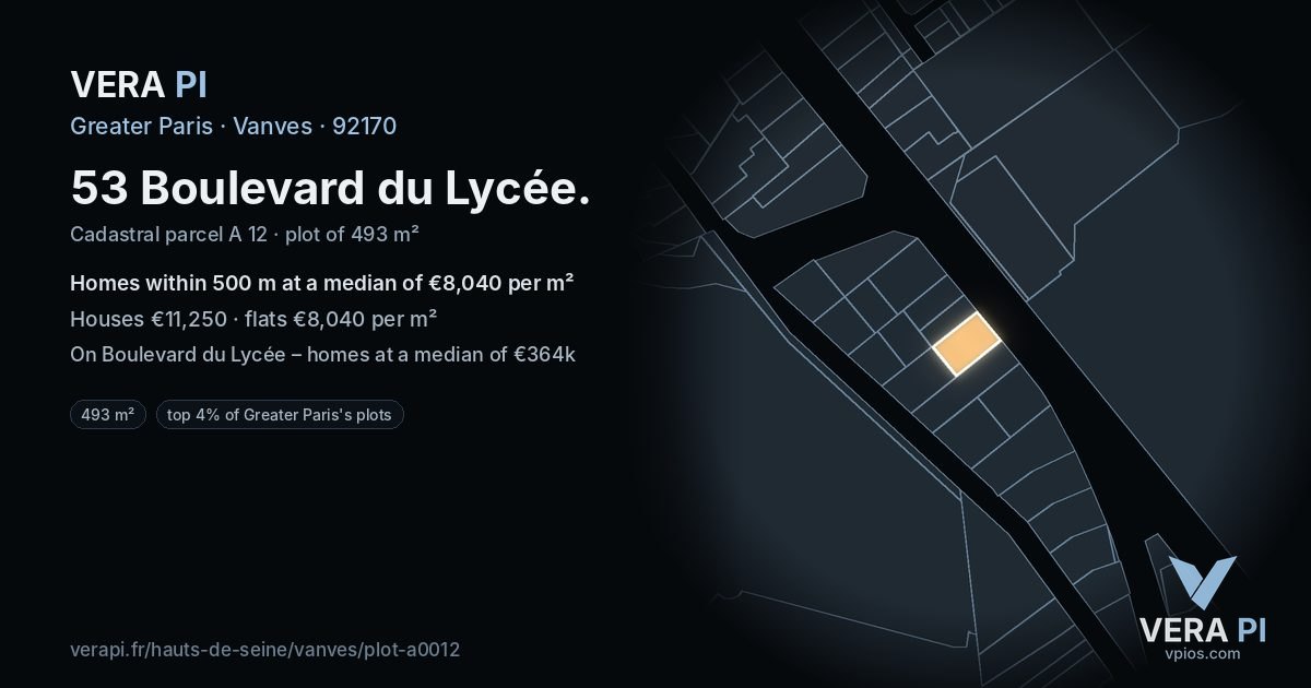 53 Boulevard du Lycée, Vanves at night – the plot lit, the parcels around coloured by the prices near them