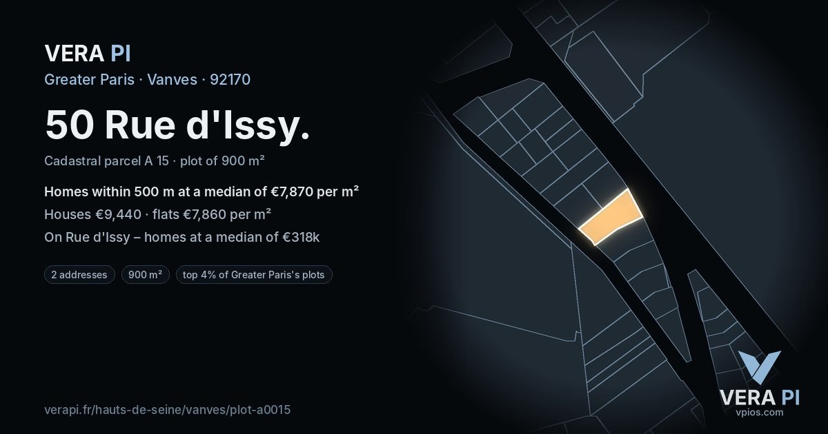 50 Rue d'Issy, Vanves at night – the plot lit, the parcels around coloured by the prices near them