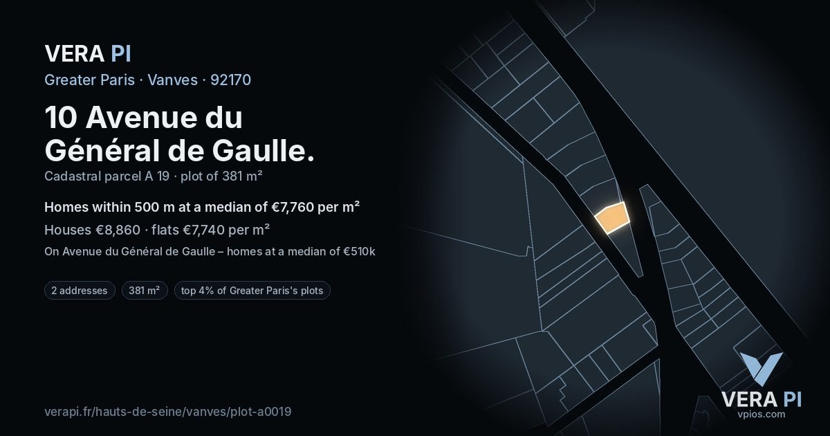 10 Avenue du Général de Gaulle, Vanves at night – the plot lit, the parcels around coloured by the prices near them