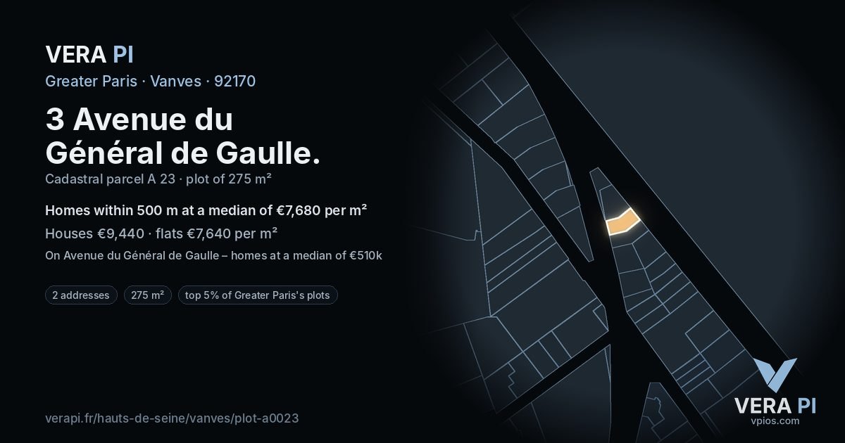 3 Avenue du Général de Gaulle, Vanves at night – the plot lit, the parcels around coloured by the prices near them