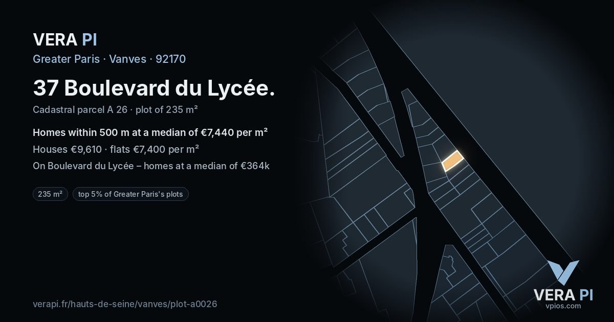 37 Boulevard du Lycée, Vanves at night – the plot lit, the parcels around coloured by the prices near them