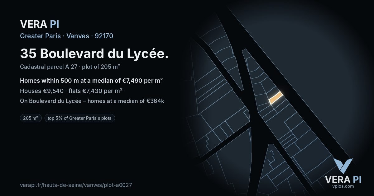 35 Boulevard du Lycée, Vanves at night – the plot lit, the parcels around coloured by the prices near them