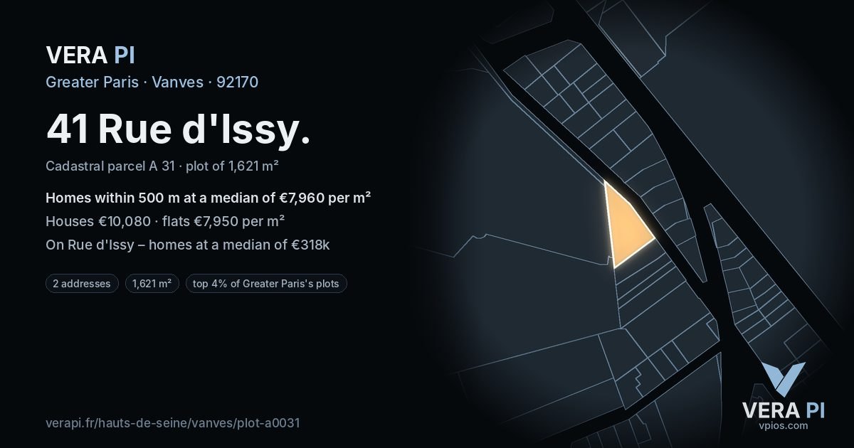 41 Rue d'Issy, Vanves at night – the plot lit, the parcels around coloured by the prices near them