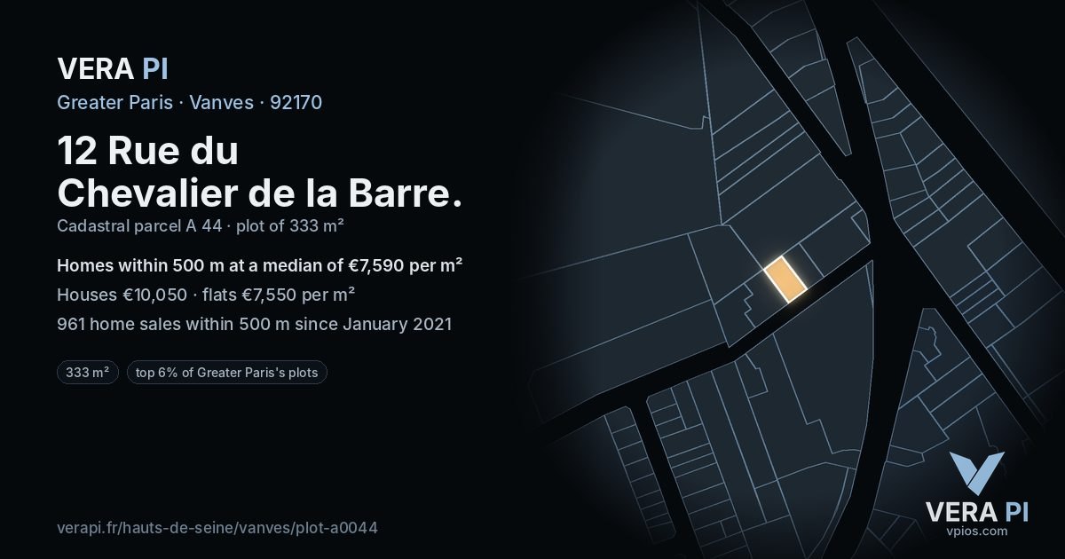12 Rue du Chevalier de la Barre, Vanves at night – the plot lit, the parcels around coloured by the prices near them