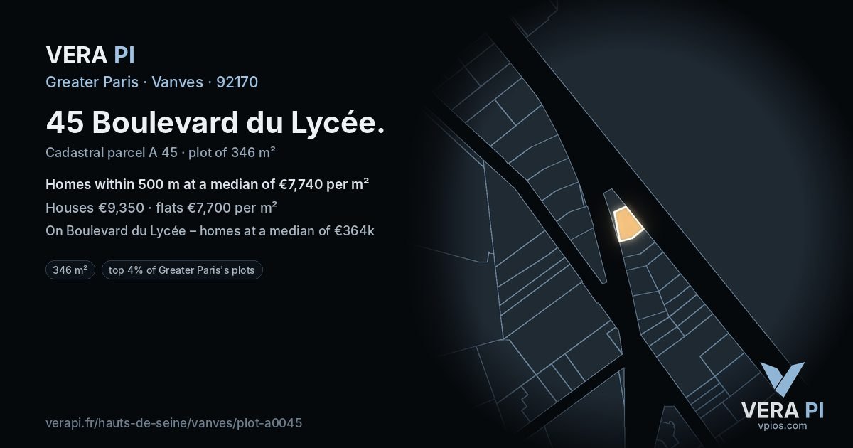 45 Boulevard du Lycée, Vanves at night – the plot lit, the parcels around coloured by the prices near them