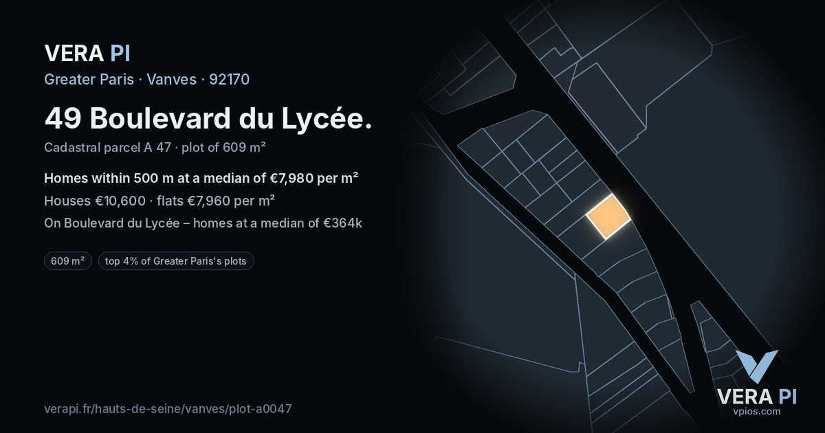49 Boulevard du Lycée, Vanves at night – the plot lit, the parcels around coloured by the prices near them