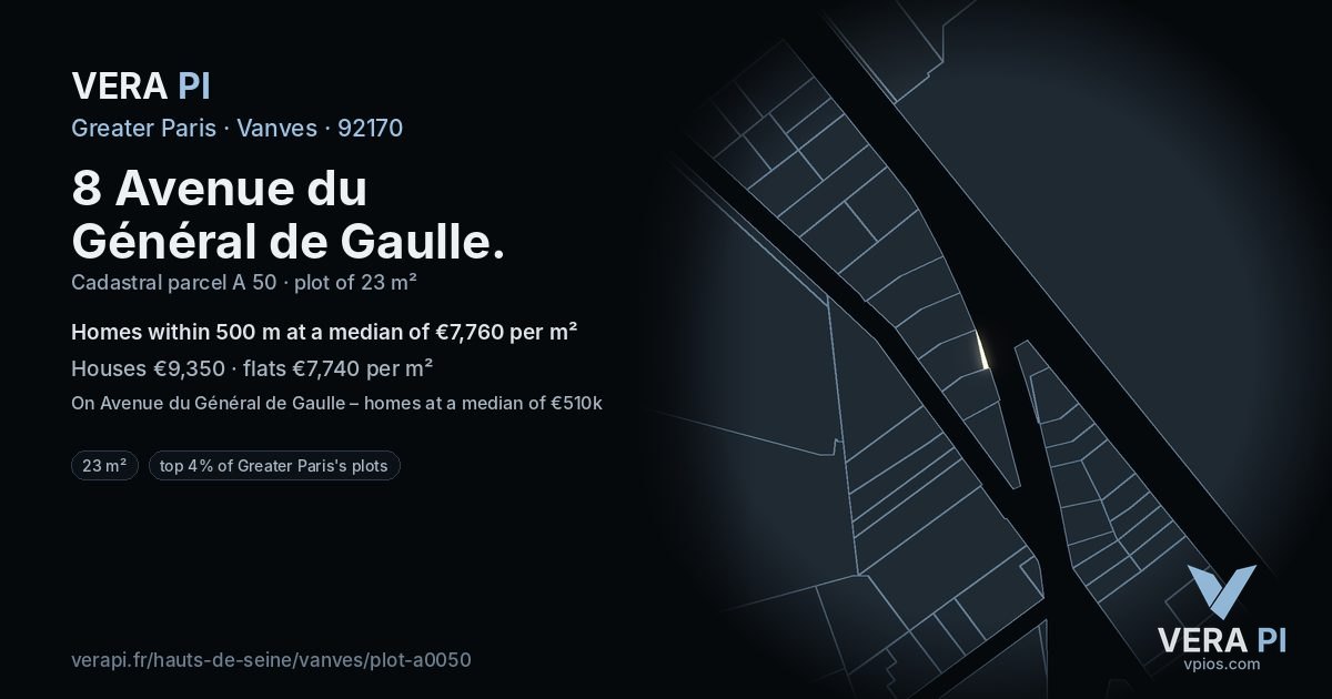8 Avenue du Général de Gaulle, Vanves at night – the plot lit, the parcels around coloured by the prices near them