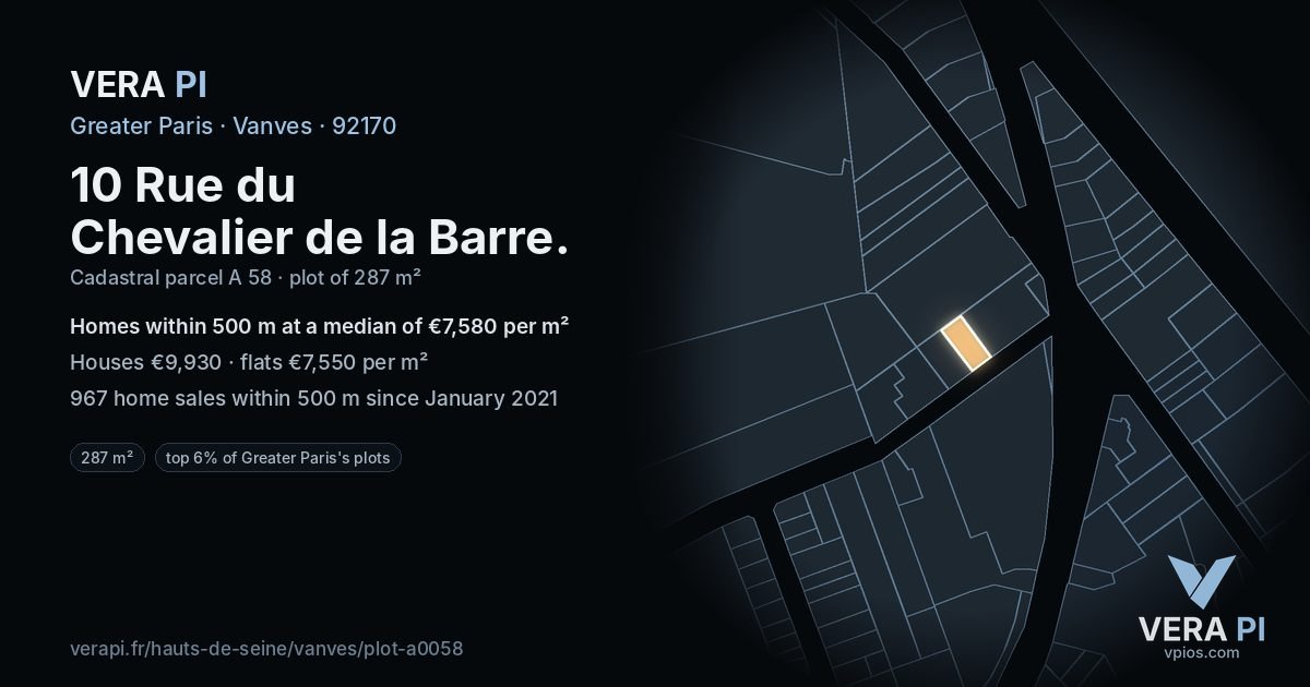 10 Rue du Chevalier de la Barre, Vanves at night – the plot lit, the parcels around coloured by the prices near them