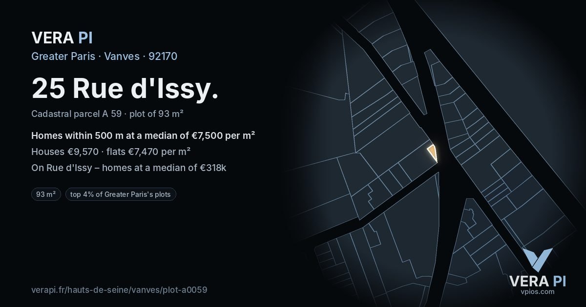 25 Rue d'Issy, Vanves at night – the plot lit, the parcels around coloured by the prices near them