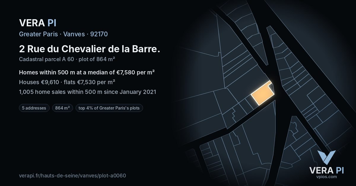 2 Rue du Chevalier de la Barre, Vanves at night – the plot lit, the parcels around coloured by the prices near them