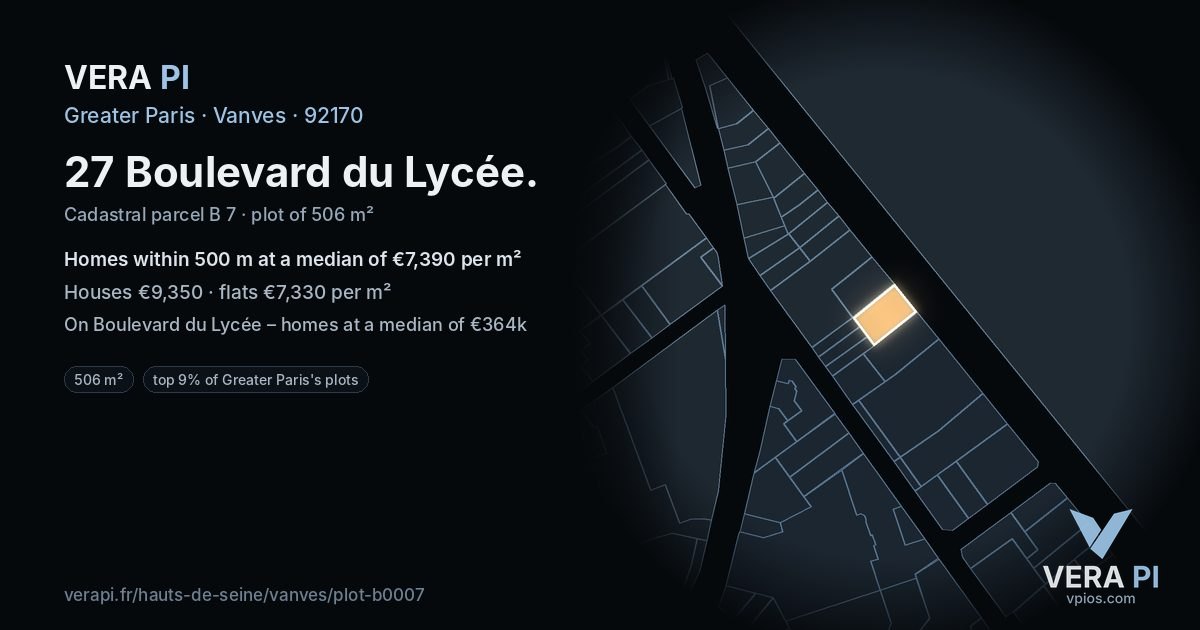 27 Boulevard du Lycée, Vanves at night – the plot lit, the parcels around coloured by the prices near them