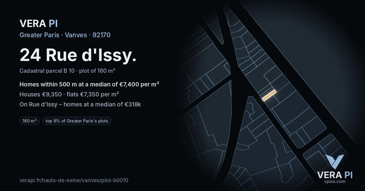 24 Rue d'Issy, Vanves at night – the plot lit, the parcels around coloured by the prices near them