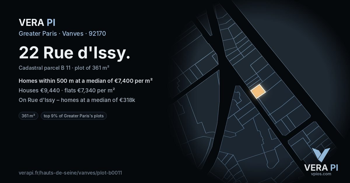 22 Rue d'Issy, Vanves at night – the plot lit, the parcels around coloured by the prices near them