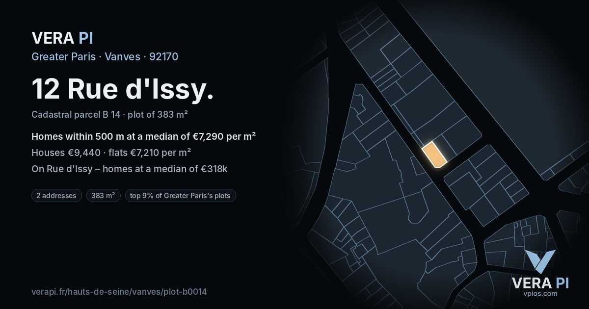 12 Rue d'Issy, Vanves at night – the plot lit, the parcels around coloured by the prices near them