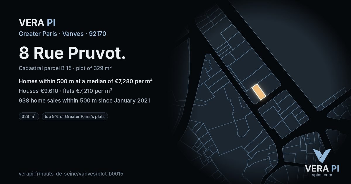 8 Rue Pruvot, Vanves at night – the plot lit, the parcels around coloured by the prices near them