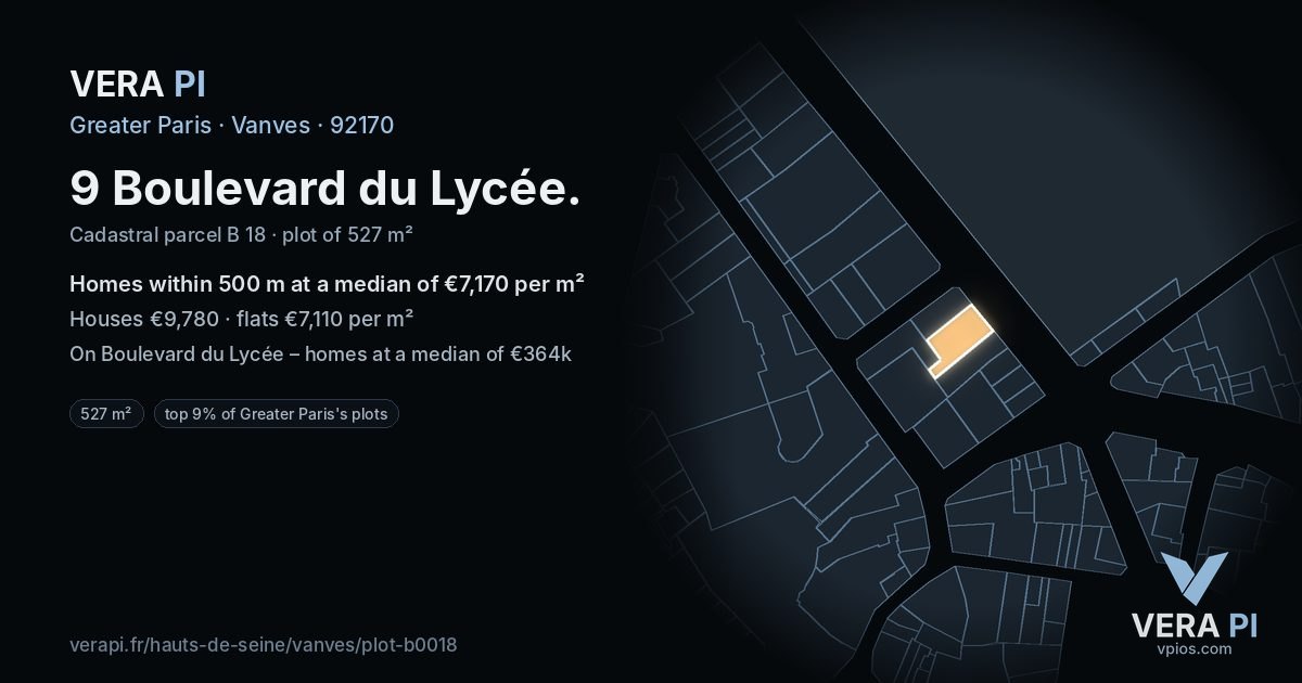 9 Boulevard du Lycée, Vanves at night – the plot lit, the parcels around coloured by the prices near them