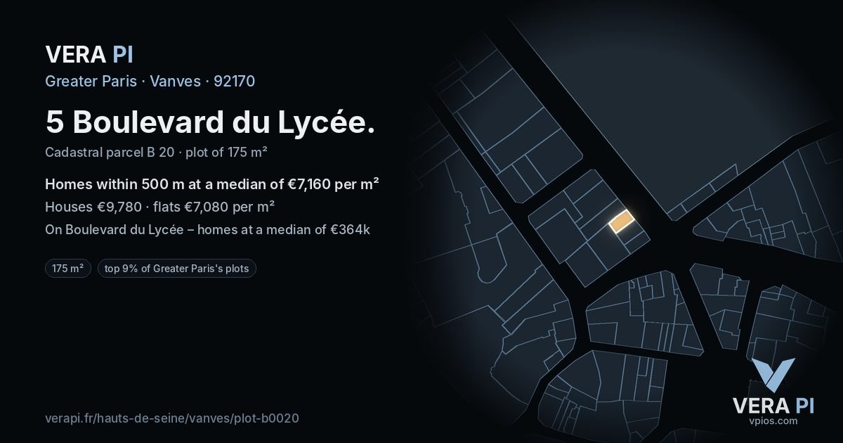 5 Boulevard du Lycée, Vanves at night – the plot lit, the parcels around coloured by the prices near them