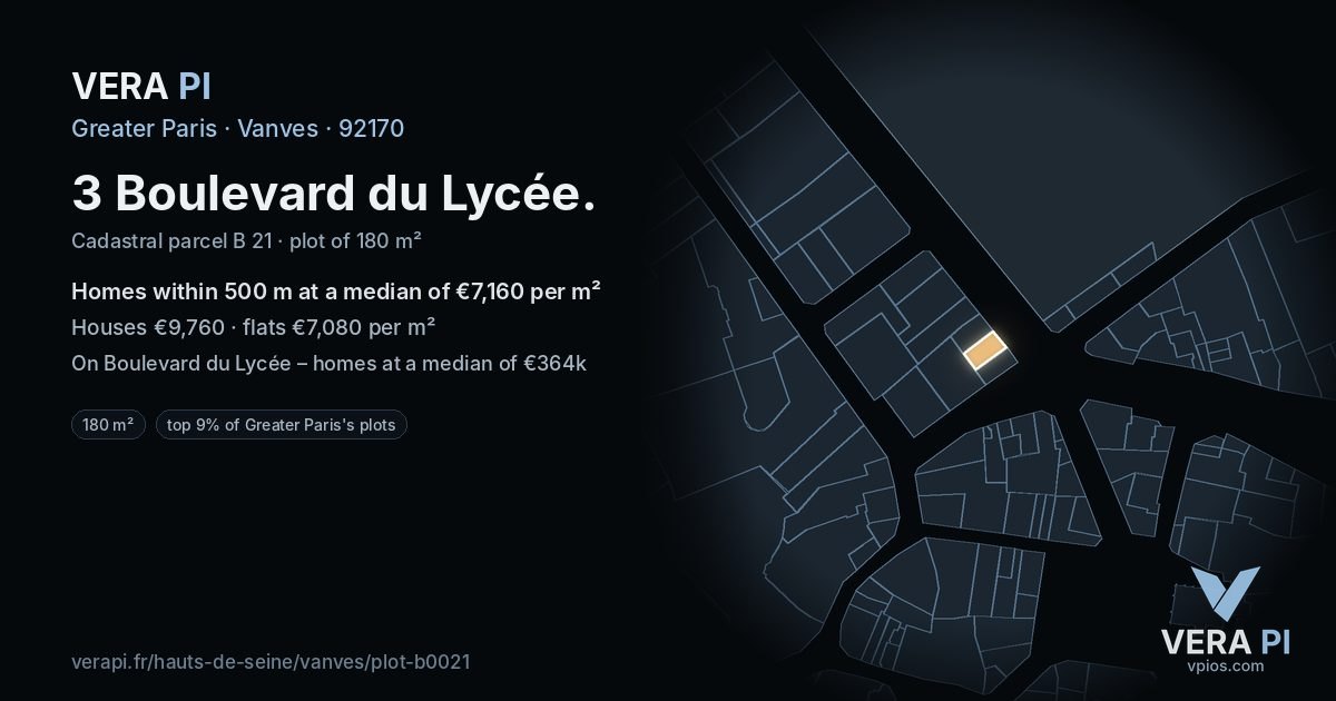 3 Boulevard du Lycée, Vanves at night – the plot lit, the parcels around coloured by the prices near them
