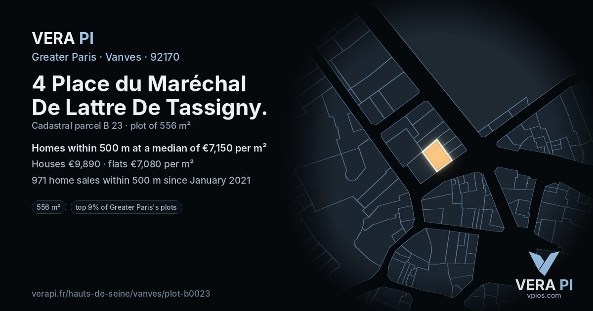4 Place du Maréchal De Lattre De Tassigny, Vanves at night – the plot lit, the parcels around coloured by the prices near them