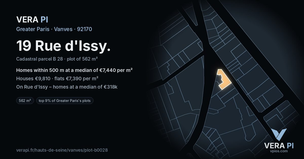 19 Rue d'Issy, Vanves at night – the plot lit, the parcels around coloured by the prices near them