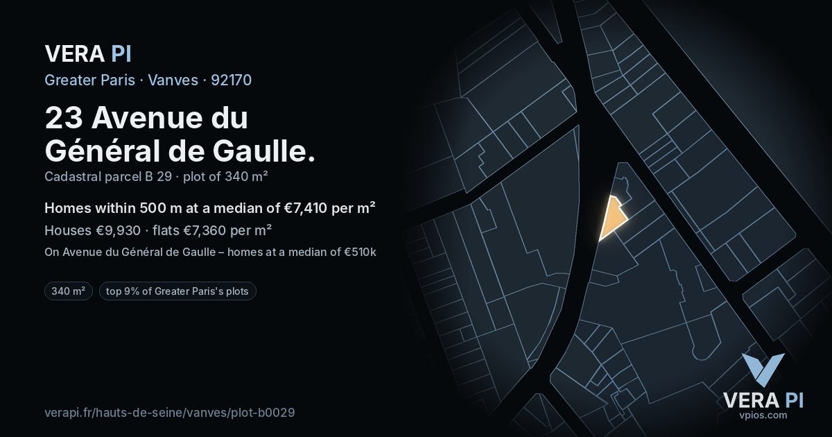 23 Avenue du Général de Gaulle, Vanves at night – the plot lit, the parcels around coloured by the prices near them