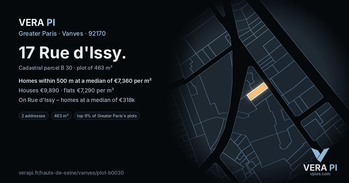 17 Rue d'Issy, Vanves at night – the plot lit, the parcels around coloured by the prices near them